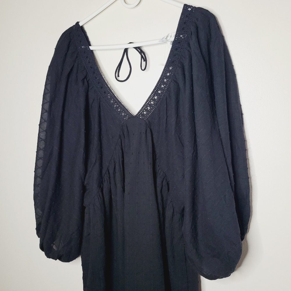 H&M Influencer Dress Balloon Sleeve Cotton Crotchet V-Neck Medium Black Vacation - Picture 11 of 15